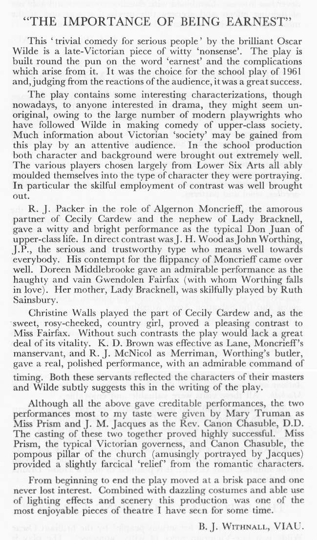 The Importance of being Earnest - review by B.J.Withnall, VIAU